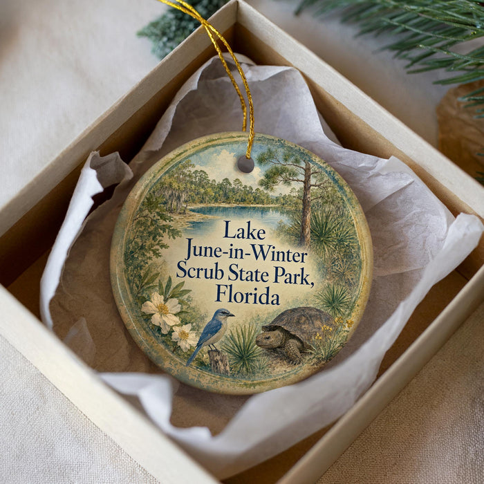 A decorative ornament in a box, featuring a bird and a turtle, with text that reads "Lake June-in-Winter Scrub State Park, Florida".