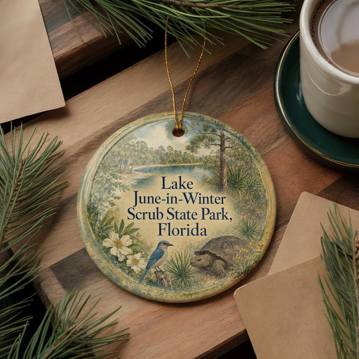 A decorative ornament with a bird and a landscape scene, featuring text that reads "Lake June-in-Winter Scrub State Park, Florida".