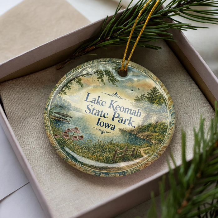 A decorative ornament in a box, featuring a scenic landscape with a lake, trees, and a bridge.