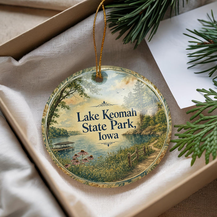 A decorative ornament with a scenic lake and park landscape, featuring a wooden dock and a boat, is displayed in a box with pine branches.