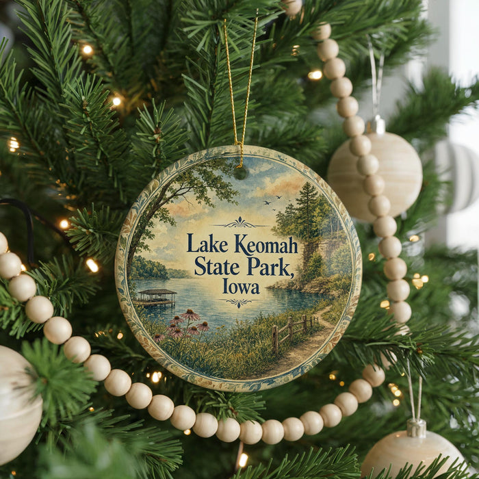 A circular ornament hanging on a Christmas tree, featuring a scenic landscape with a lake, trees, and a path.