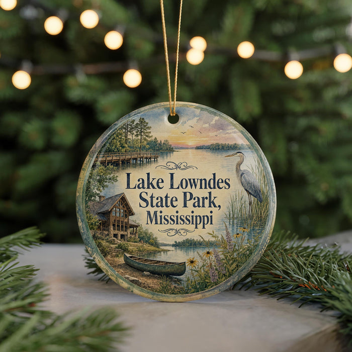 A round ornament with a scenic lake and surrounding landscape, featuring a bird and a canoe, is displayed in front of a blurred background with Christmas lights.