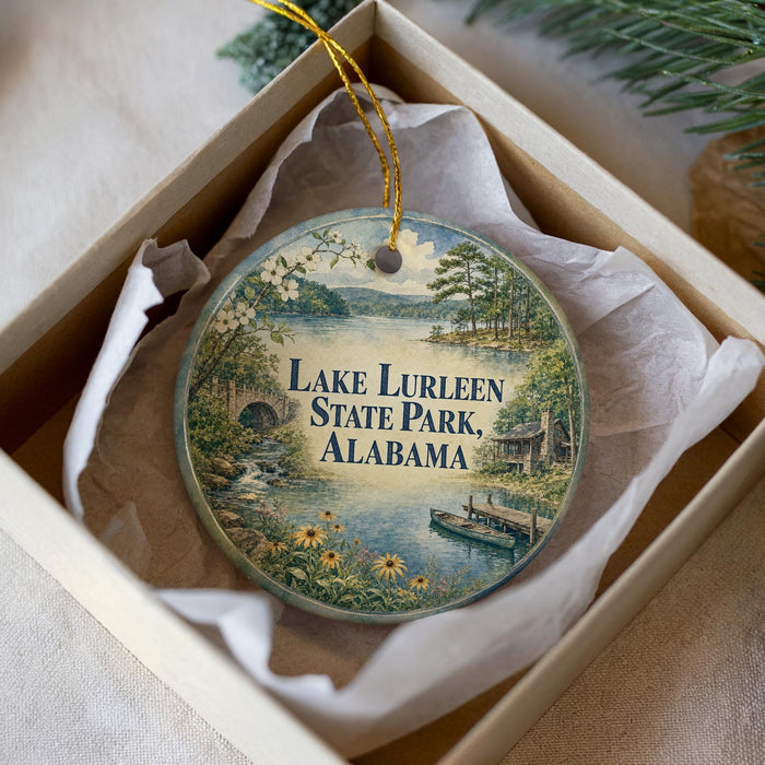 A decorative ornament in a white box, featuring a scenic image of Lake Lureen State Park in Alabama.