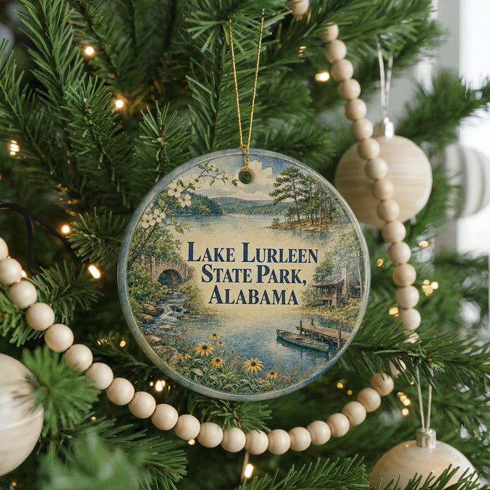 A round ornament hanging on a Christmas tree, featuring a scenic image of Lake Lureen State Park, Alabama.