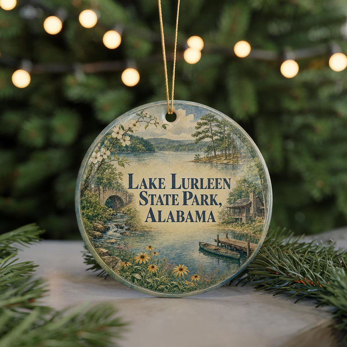A round ornament with a scenic image of Lake Lureen State Park, Alabama, featuring a lake, bridge, and boats.