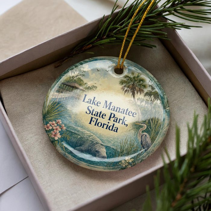 A decorative ornament in a box, featuring a scenic image of Lake Manatee State Park, Florida.