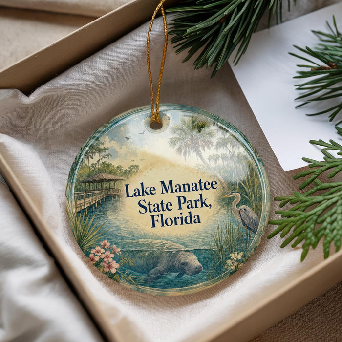 A decorative ornament with a scenic image of Lake Manatee State Park, Florida, featuring a bird, palm trees, and a body of water.