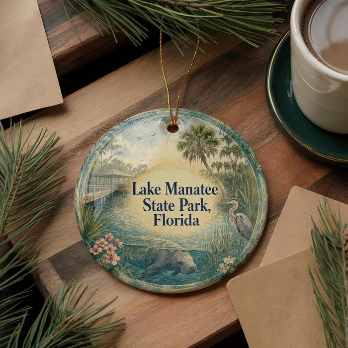 A decorative ornament featuring a serene scene of Lake Manatee State Park in Florida, surrounded by palm trees and other natural elements.