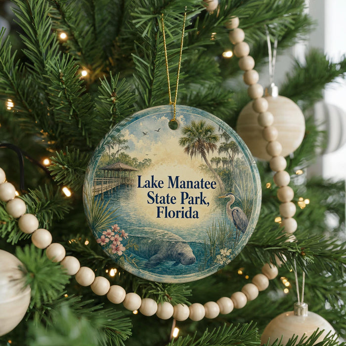 A round ornament hanging on a Christmas tree, featuring a scenic image of Lake Manatee State Park, Florida.