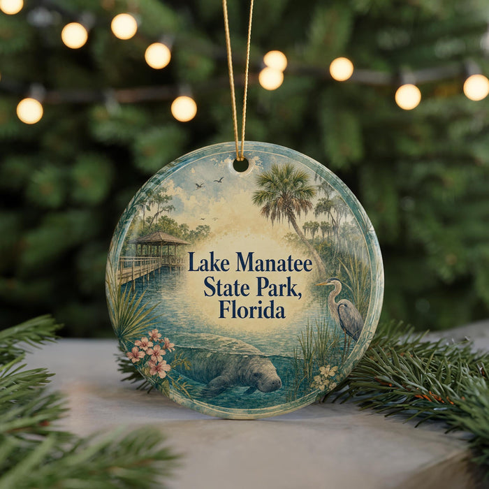 A circular ornament with a painting of a lake, palm trees, and a bird, hanging on a string.
