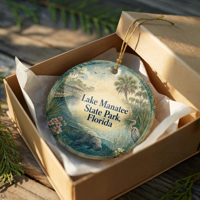A decorative ornament in a box, featuring a scenic image of Lake Manatee State Park, Florida.