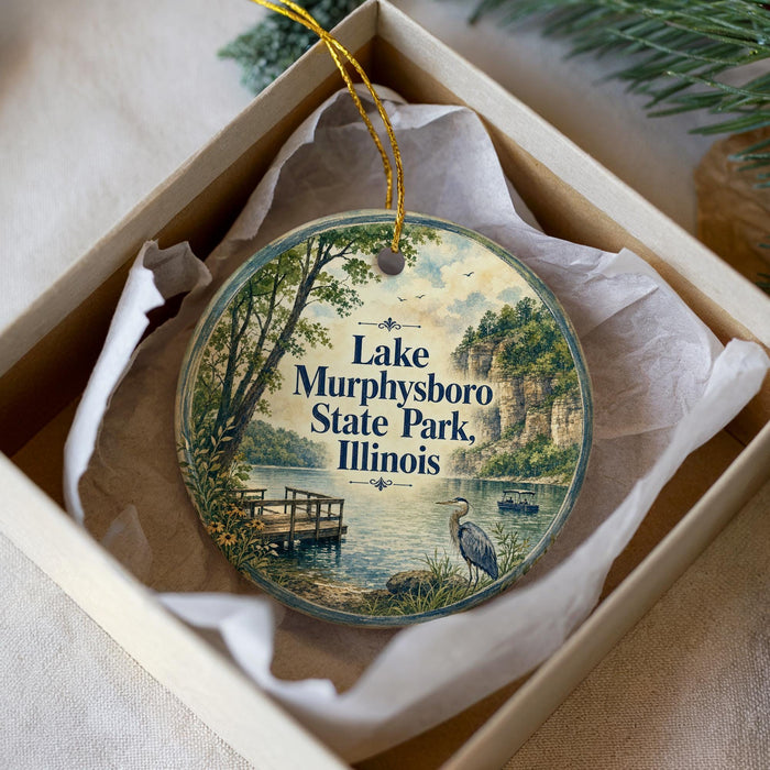 A round ornament with a scenic image of Lake Murphysboro State Park, Illinois, hanging from a string.
