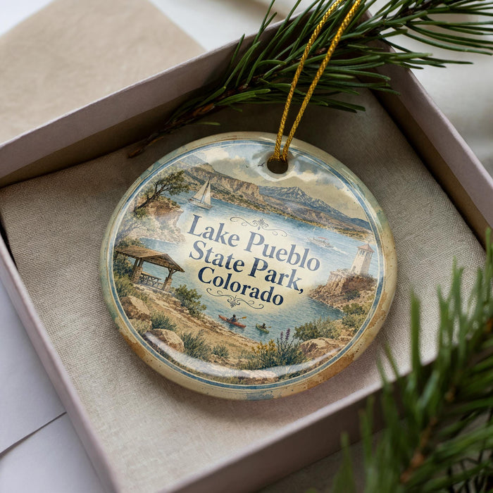 A decorative ornament in a box, featuring a scenic image of Lake Pueblo State Park, Colorado.