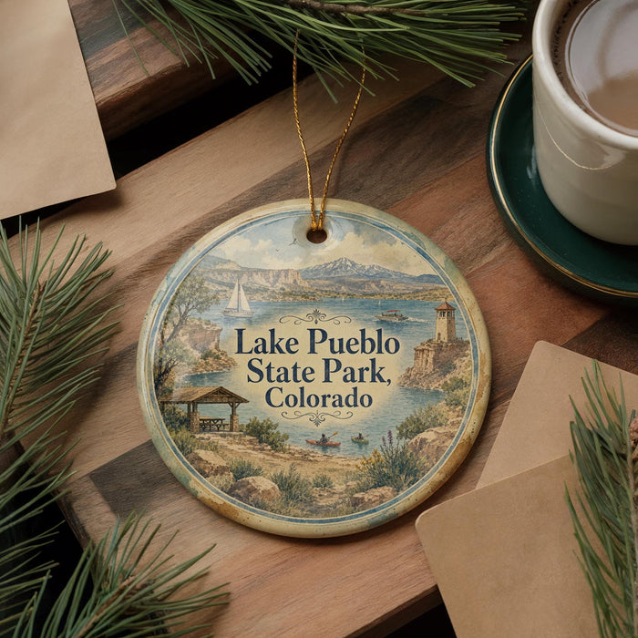 A decorative ornament featuring a scenic image of Lake Pueblo State Park, Colorado, with pine branches and a cup of coffee nearby.