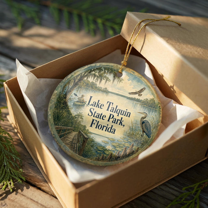 A decorative ornament in a wooden box, featuring a scenic image of Lake Talquin State Park in Florida.