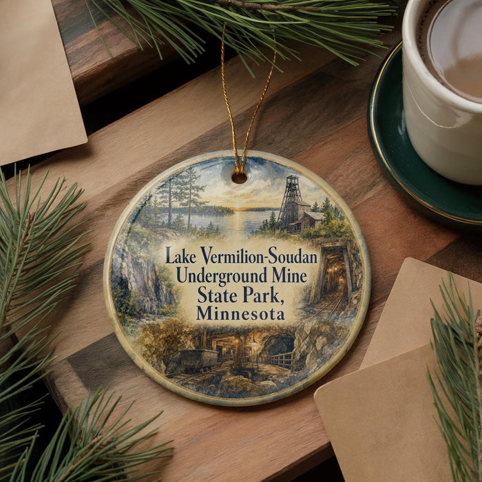 A decorative ornament featuring a scenic landscape with a lake, mountains, and a building, along with the text "Lake Vermilion-Soudan Underground Mine State Park, Minnesota".