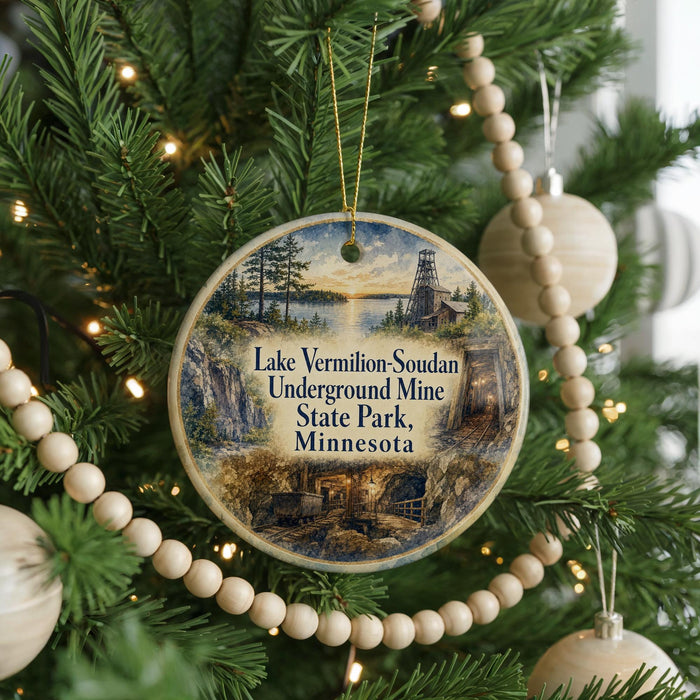 A circular ornament hanging on a Christmas tree, featuring a scenic image of Lake Vermilion Soudan, an underground mine, and a sunset over the water.