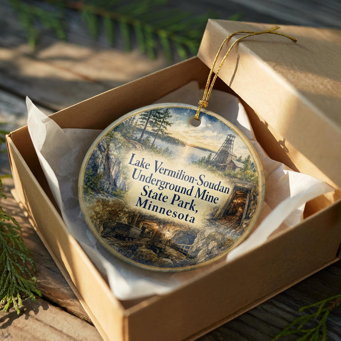 A decorative ornament in a box, featuring a scenic landscape with a building and trees, with text that reads "Lake Vermilion-Soudan Underground Mine State Park, Minnesota".