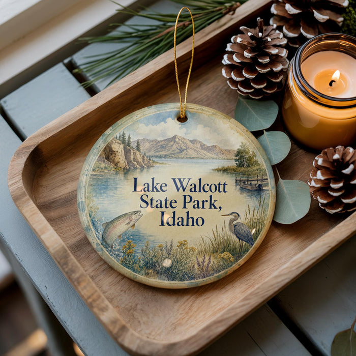 A wooden tray with a decorative ornament featuring a scenic lake and mountains, along with pine cones and a lit candle.