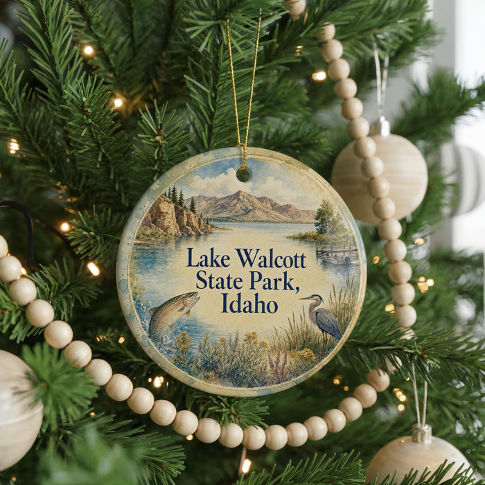 A round ornament hanging on a Christmas tree, featuring a scenic landscape with mountains, a lake, and wildlife.
