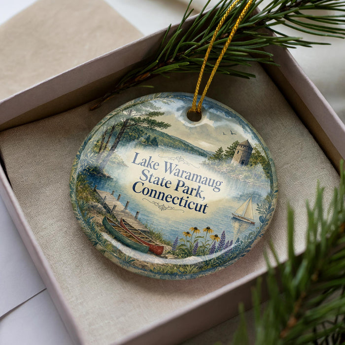 A decorative ornament in a box, featuring a scenic landscape with a lake, boats, and pine trees.