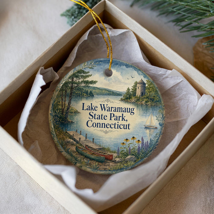 A decorative ornament in a white box, featuring a scenic landscape with a lake, trees, and a castle, along with the text "Lake Waramaug State Park, Connecticut".