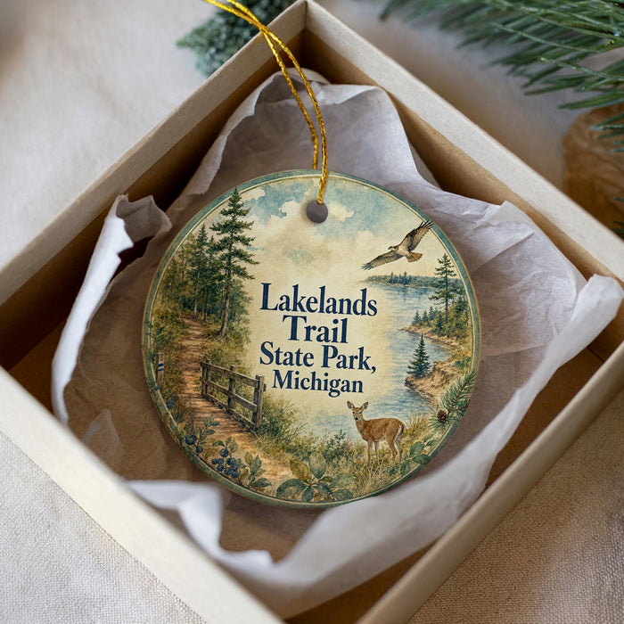 A round ornament with a scenic illustration of Lakelands Trail State Park, Michigan, hanging from a string.