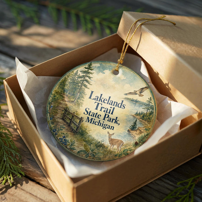 A round ornament in a box, featuring a scenic image of Lakelands Trail State Park in Michigan.