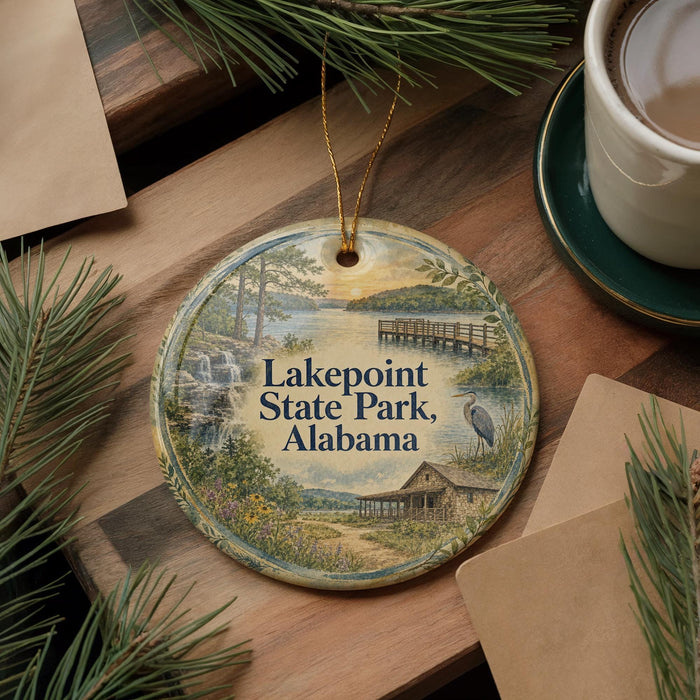 A decorative ornament featuring a scenic landscape of Lakepoint State Park, Alabama, with a bird perched on a branch and a wooden bridge in the background.