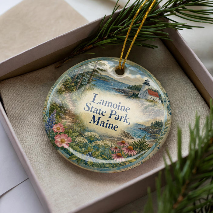 A decorative ornament with a scenic landscape of Lamoine State Park, Maine, featuring a lighthouse and surrounding natural elements.
