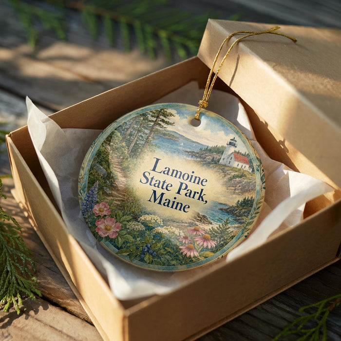 A decorative ornament in a box, featuring a scenic landscape with a lighthouse and a path through a forest.