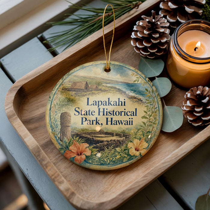 A decorative ornament with a scenic image of Lapakahi State Historical Park, Hawaii, is displayed on a wooden tray alongside pine cones and a lit candle.