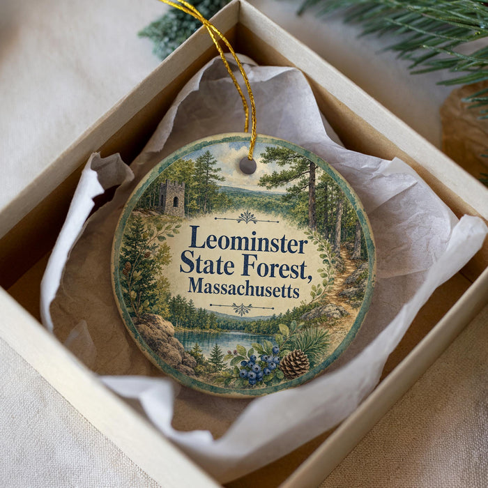 A round ornament with a scenic forest landscape and text, placed in a box with a white tissue paper lining.