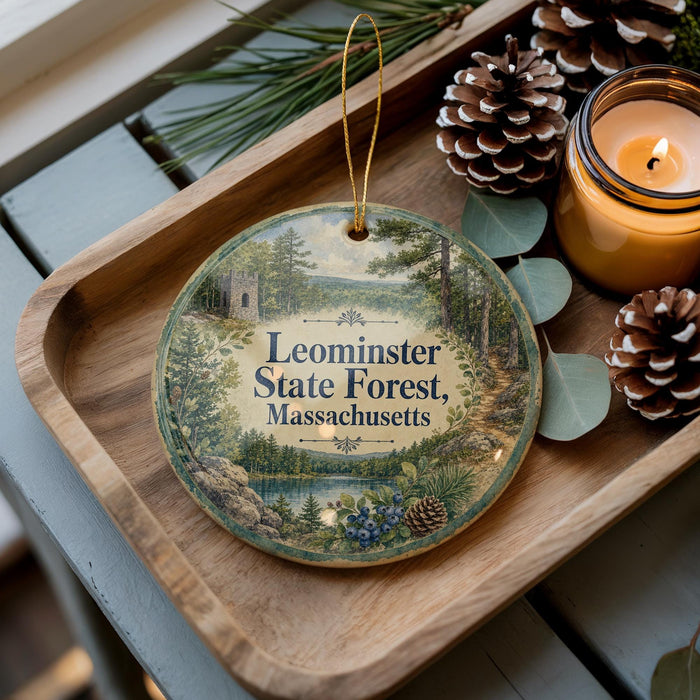 A decorative ornament featuring a scenic forest landscape, with pine cones and a lit candle on a wooden tray.