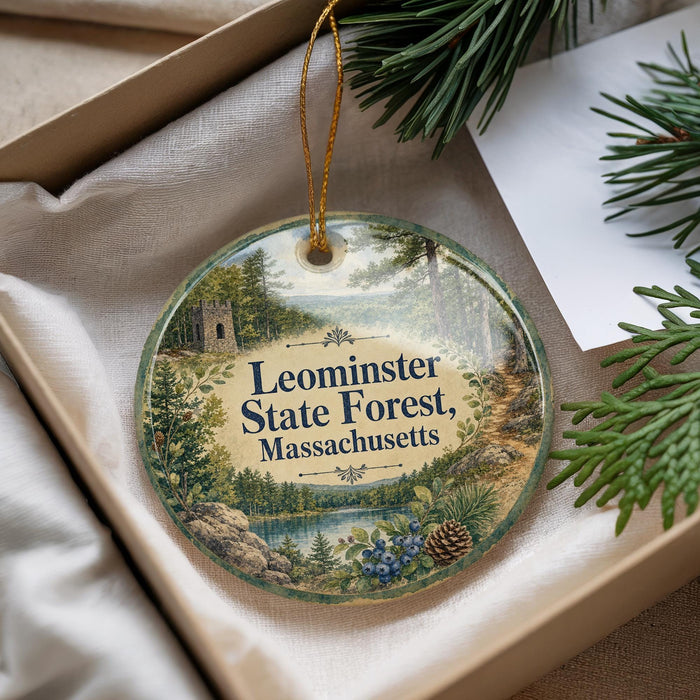 A round ornament with a scenic forest landscape and text, hanging from a string.