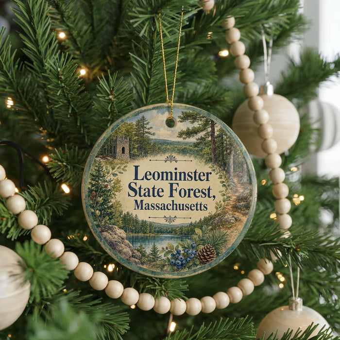 A circular ornament hanging on a Christmas tree, featuring a scenic landscape with a lake and pine trees.