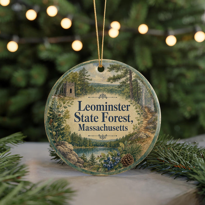 A circular ornament with a scenic forest landscape and text, hanging on a string.