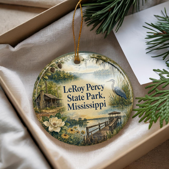 A decorative ornament with a scenic landscape of LeRoy Percy State Park, Mississippi, featuring a bird, a cabin, and a body of water.