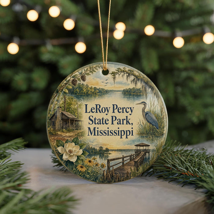 A round ornament with a scenic image of LeRoy Percy State Park, Mississippi, featuring a cabin, a bird, and a bridge.