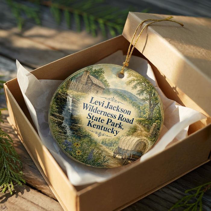 A circular ornament in a wooden box, featuring a scenic landscape with a cabin, trees, and a waterfall.