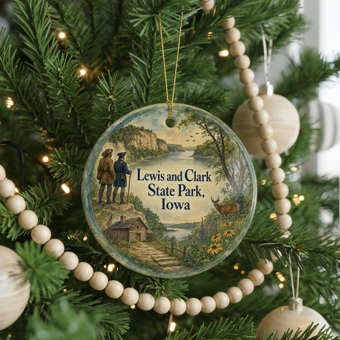 A round ornament hanging on a Christmas tree, featuring a scenic landscape with a cabin and a deer in the background.