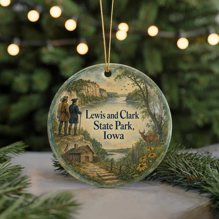 A round ornament featuring a scenic landscape with a river, cabin, and two figures, along with the text "Lewis and Clark State Park, Iowa".