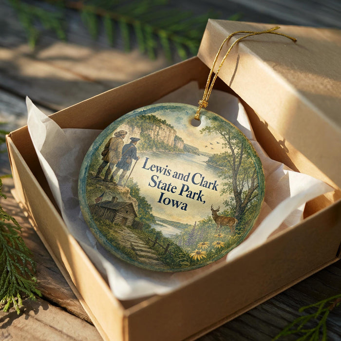A decorative ornament in a wooden box, featuring a scenic landscape with a river, cliffs, and people walking along the river.