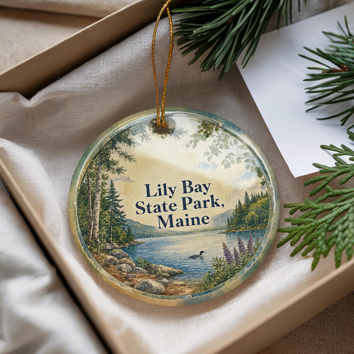 A round ornament with a scenic landscape of a lake, pine trees, and a bird, hanging from a string.