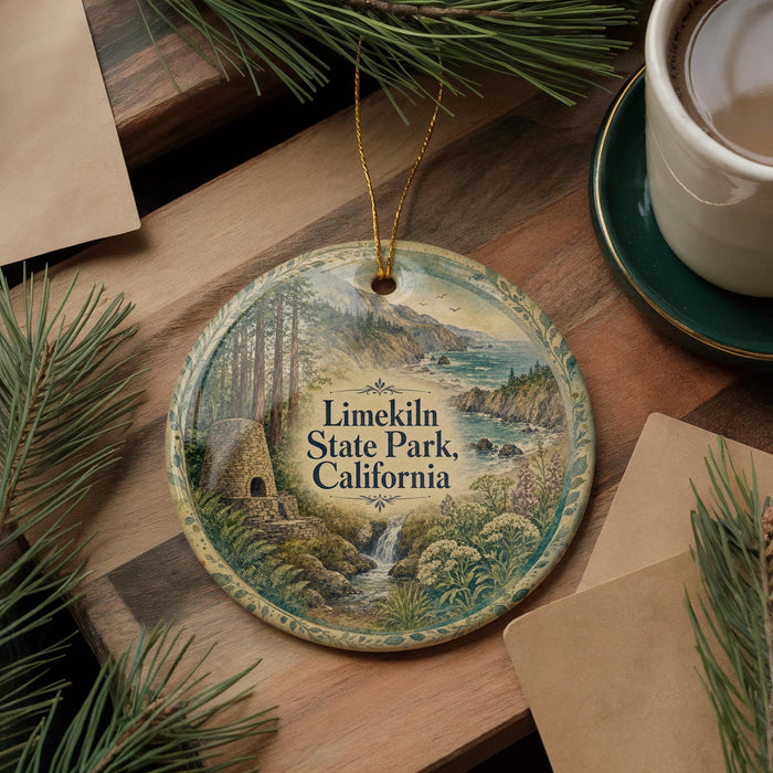 A decorative ornament featuring a scenic landscape of Limerick State Park, California, with a waterfall and pine trees.