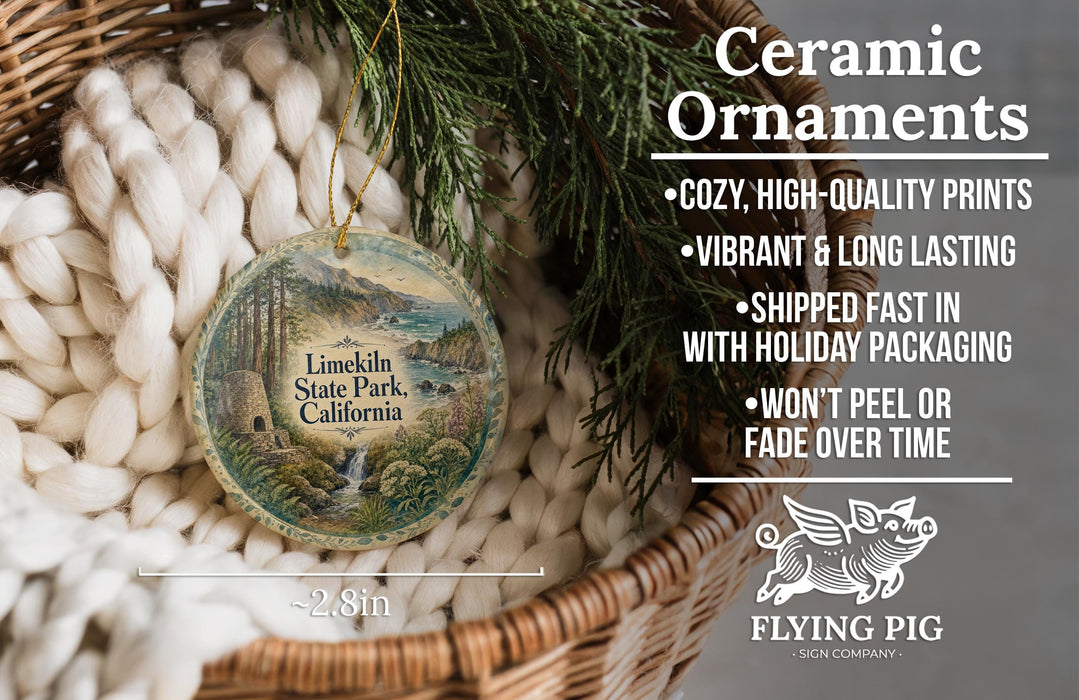 Ceramic ornaments, featuring a detailed image of a scenic landscape with a waterfall, are displayed in a woven basket.