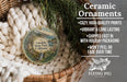 Ceramic ornaments, featuring a detailed image of a scenic landscape with a waterfall, are displayed in a woven basket.