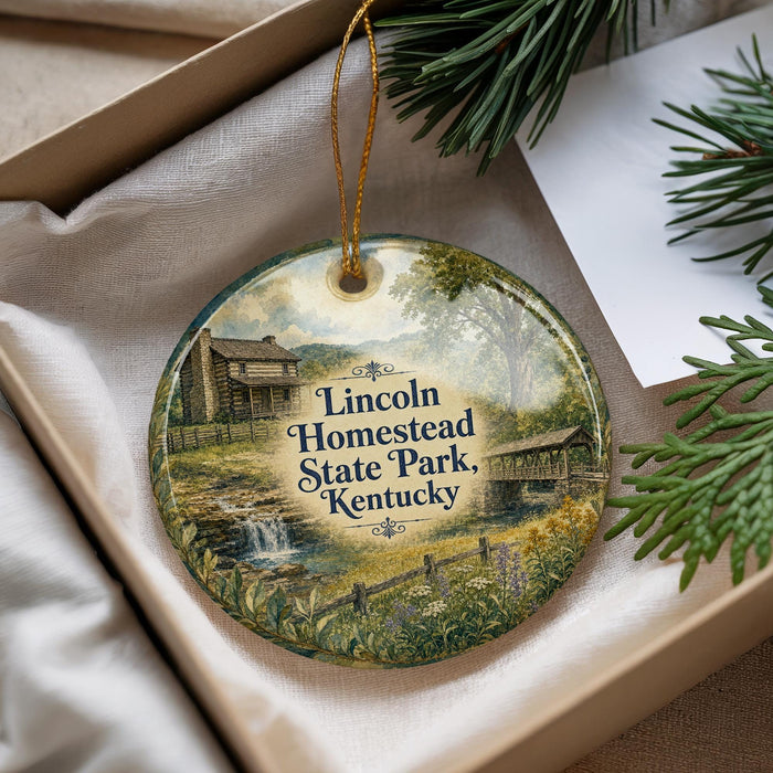 A round ornament with a painting of a log cabin and a waterfall, hanging from a string.