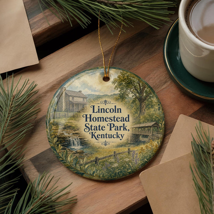 A round ornament with a scenic image of a house and a waterfall, surrounded by pine branches and a cup of coffee on a wooden surface.