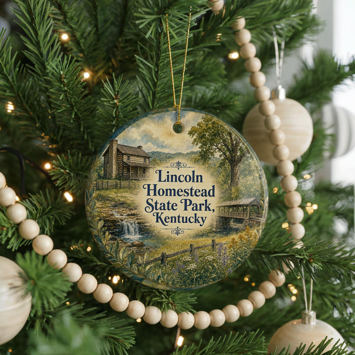 A round ornament hanging on a Christmas tree, featuring a scenic image of a cabin and a waterfall.